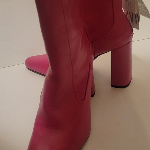 NWT ZARA 2020 HOT PINK RUNWAY COLLECTION ZIP UP HIGH HEEL LEATHER BOOTS Sz 9 - Picture 1 of 9